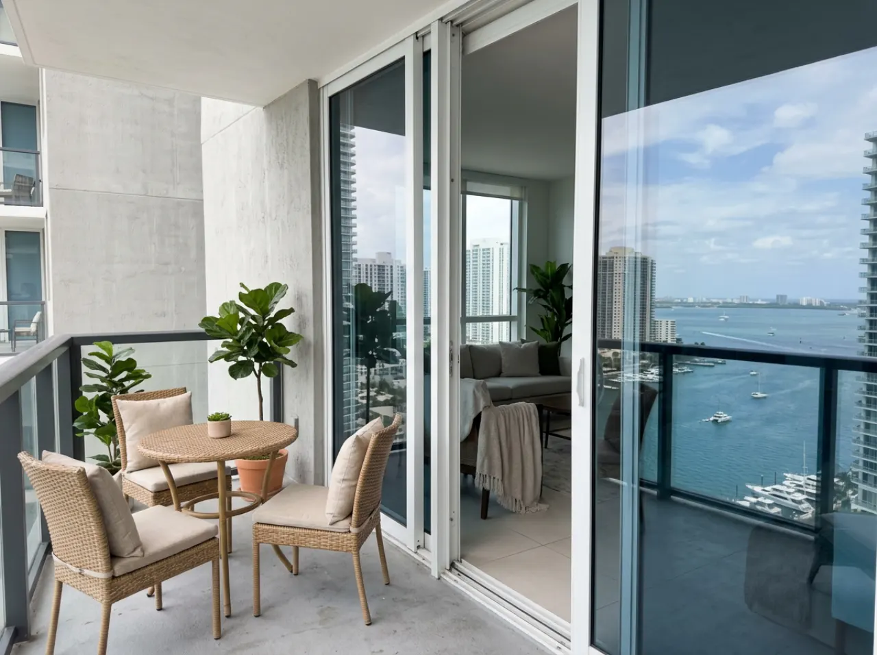 Condo balcony with large impact sliding doors and the bay in the distance in Aventura, FL