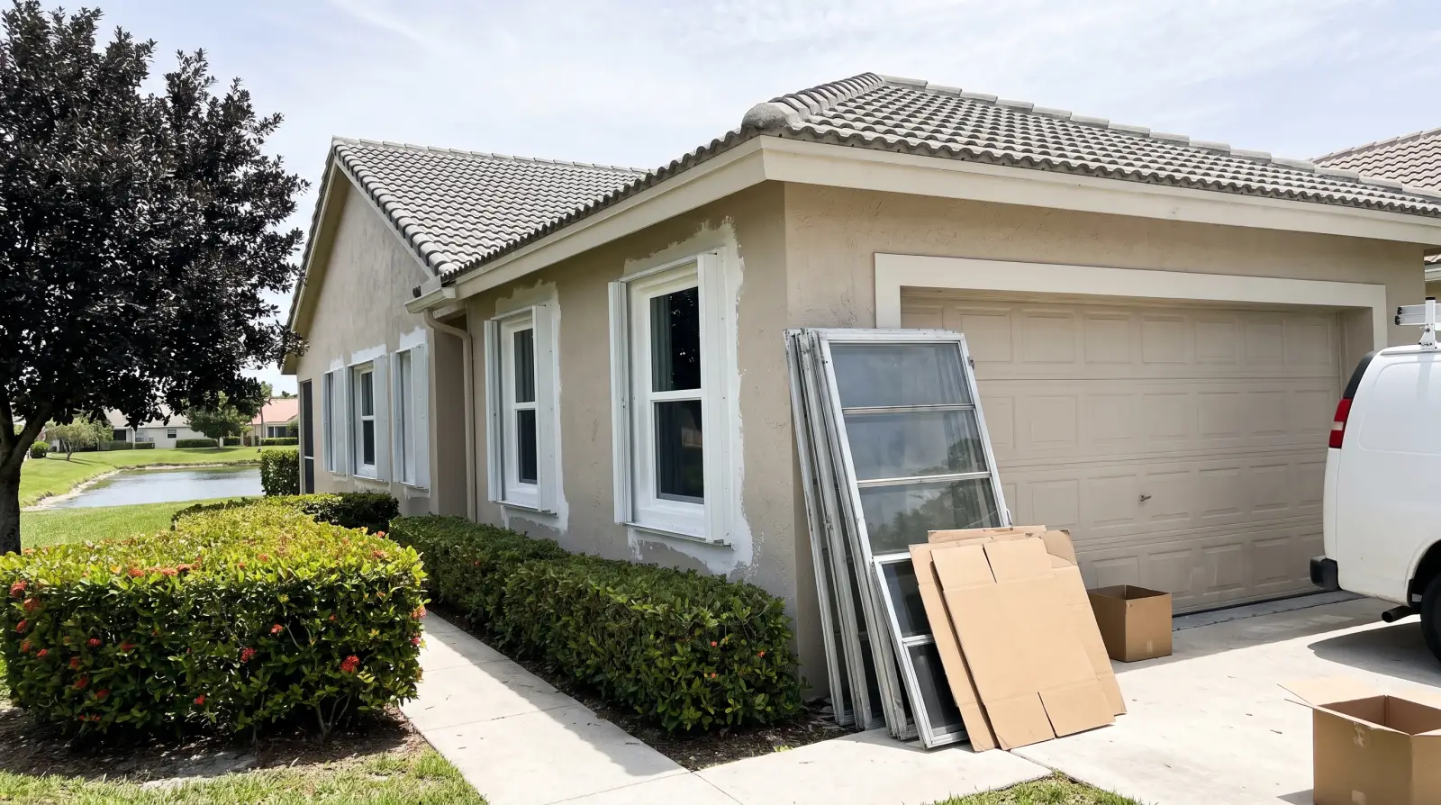 Impact windows on a 1980s home in Coral Springs, FL