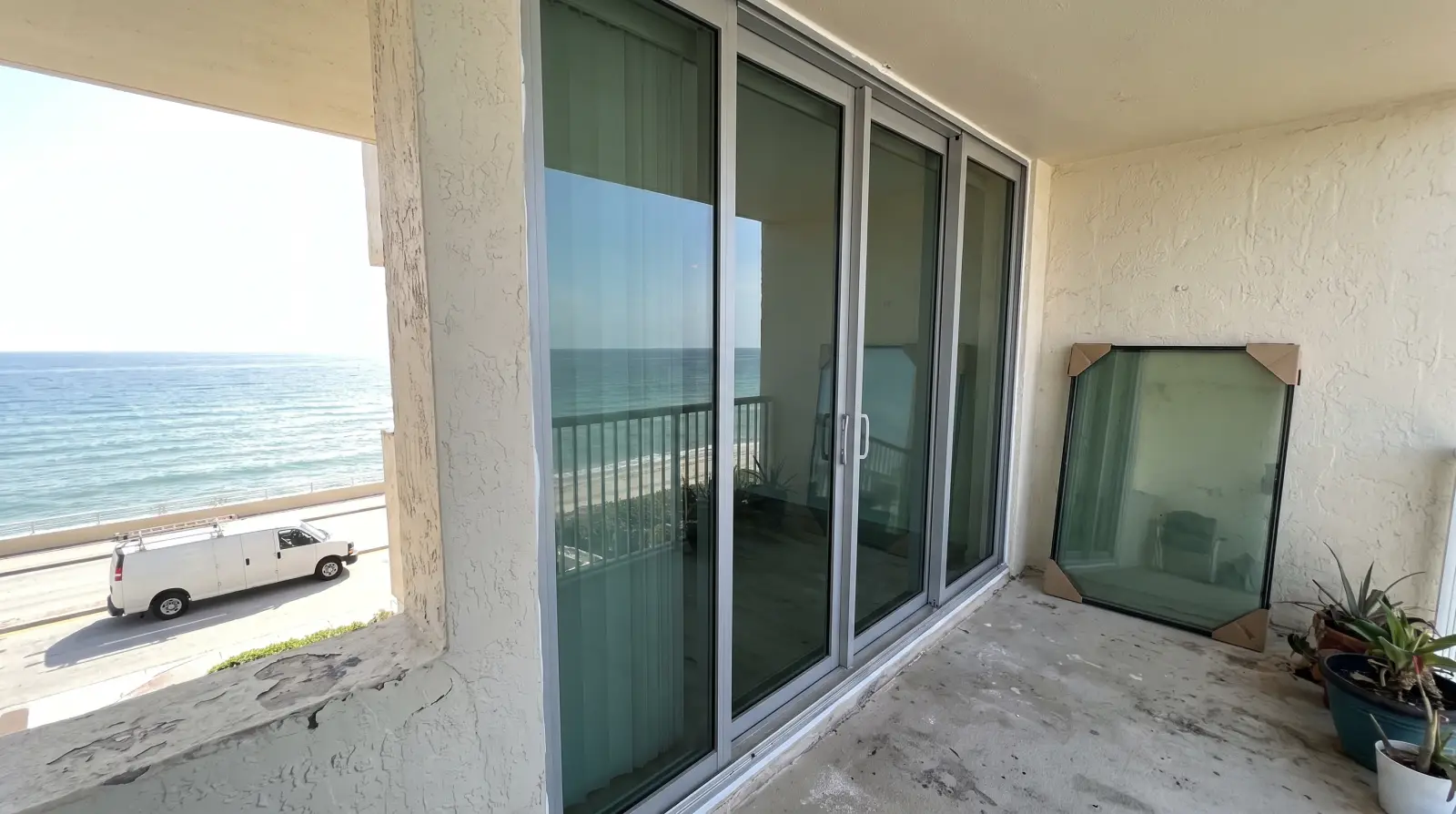 Impact sliding glass doors on a condo balcony in Highland Beach, FL