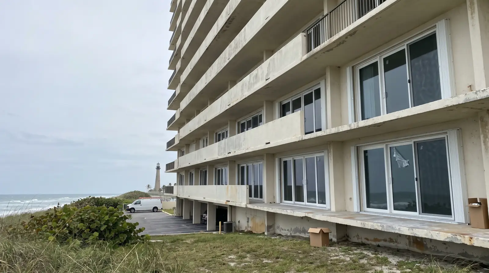 Impact windows on an oceanfront condo tower in Hillsboro Beach, FL