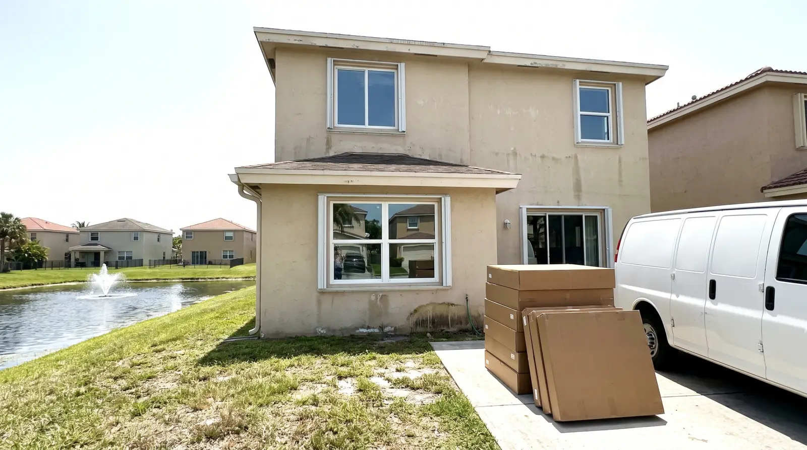 Impact windows on a home by a community lake in unincorporated Lake Worth, FL