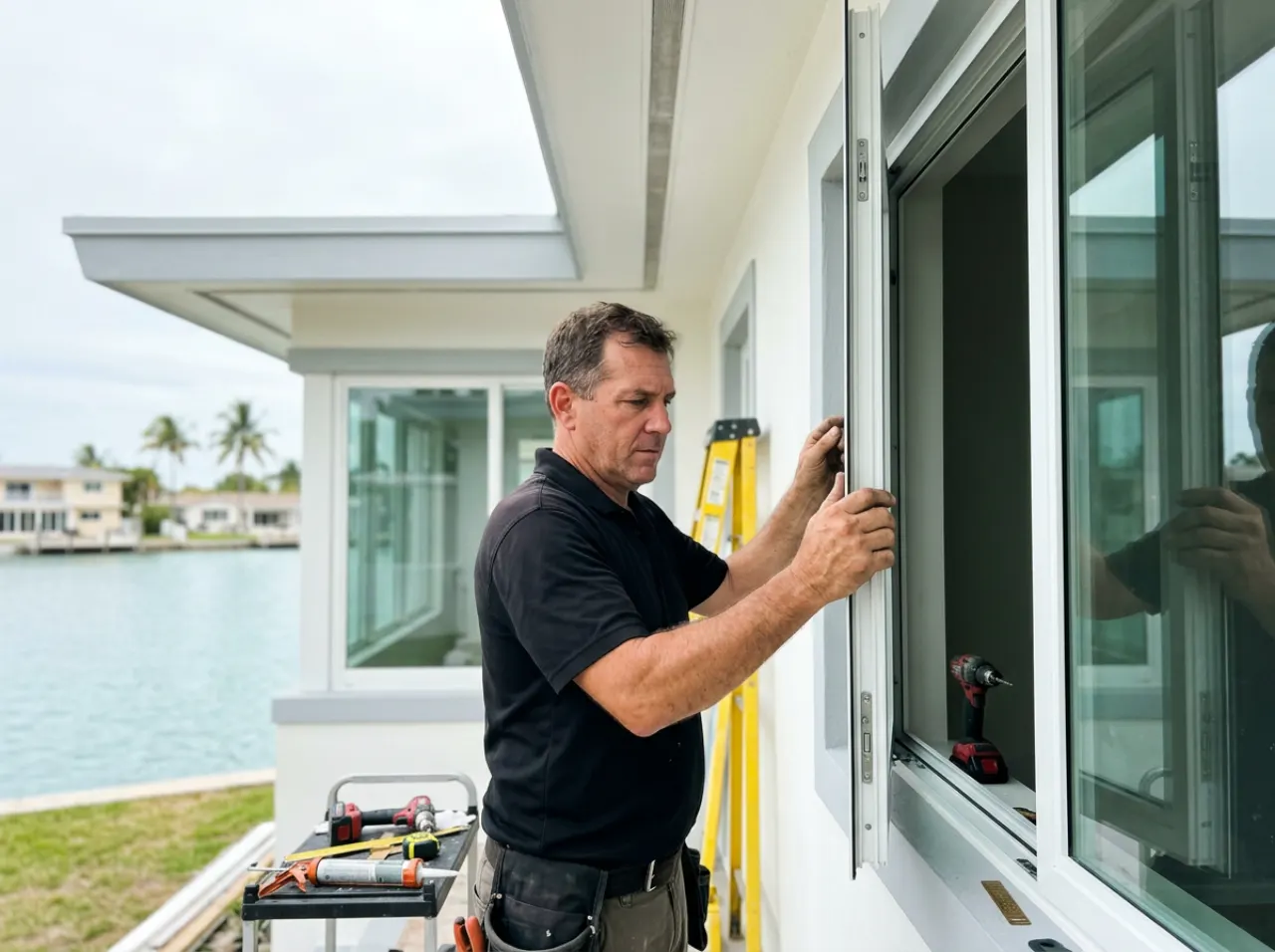 Modern Window Solutions crew installing impact windows on a North Miami, FL home