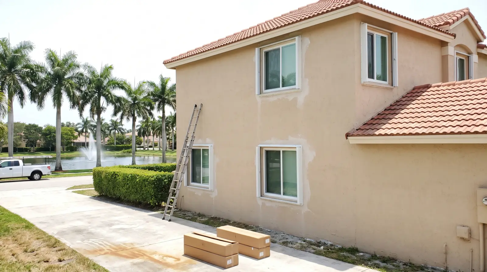Impact windows on a 1990s home in a Weston, FL community
