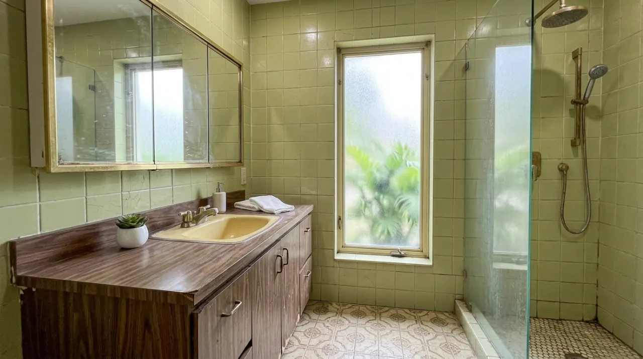 Before: old, dated bathroom