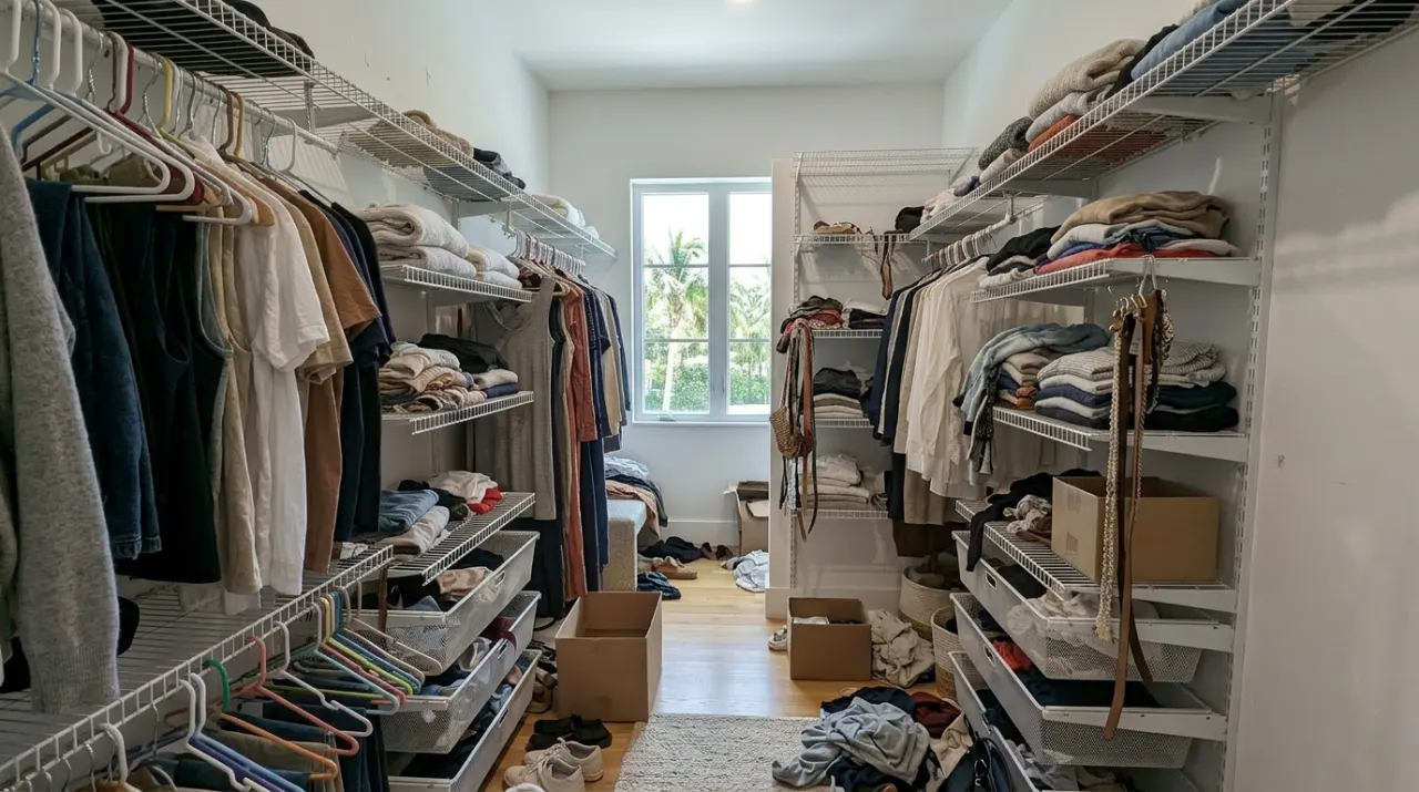 Before: basic, cluttered closet