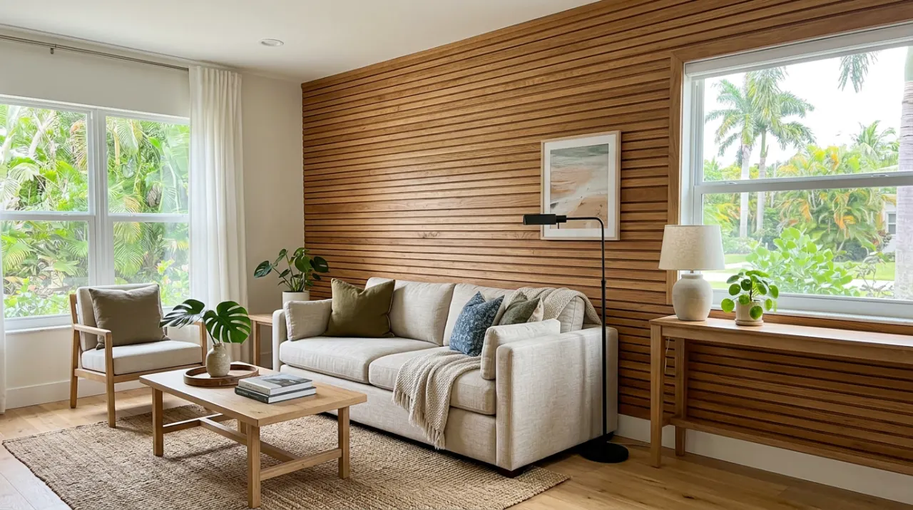 After: finished wood-slat feature wall