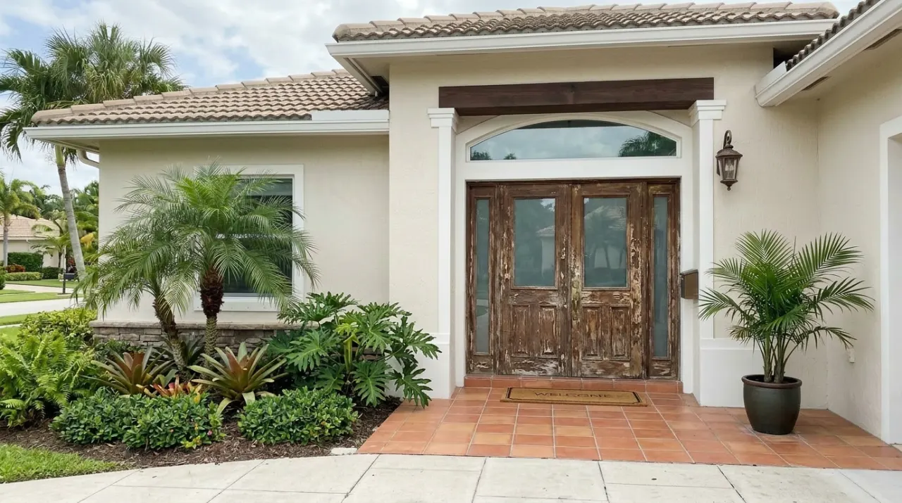 Before: old worn, faded double doors