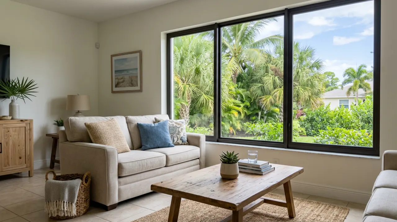 After: new impact window with clear laminated glass in a Hollywood, FL living room