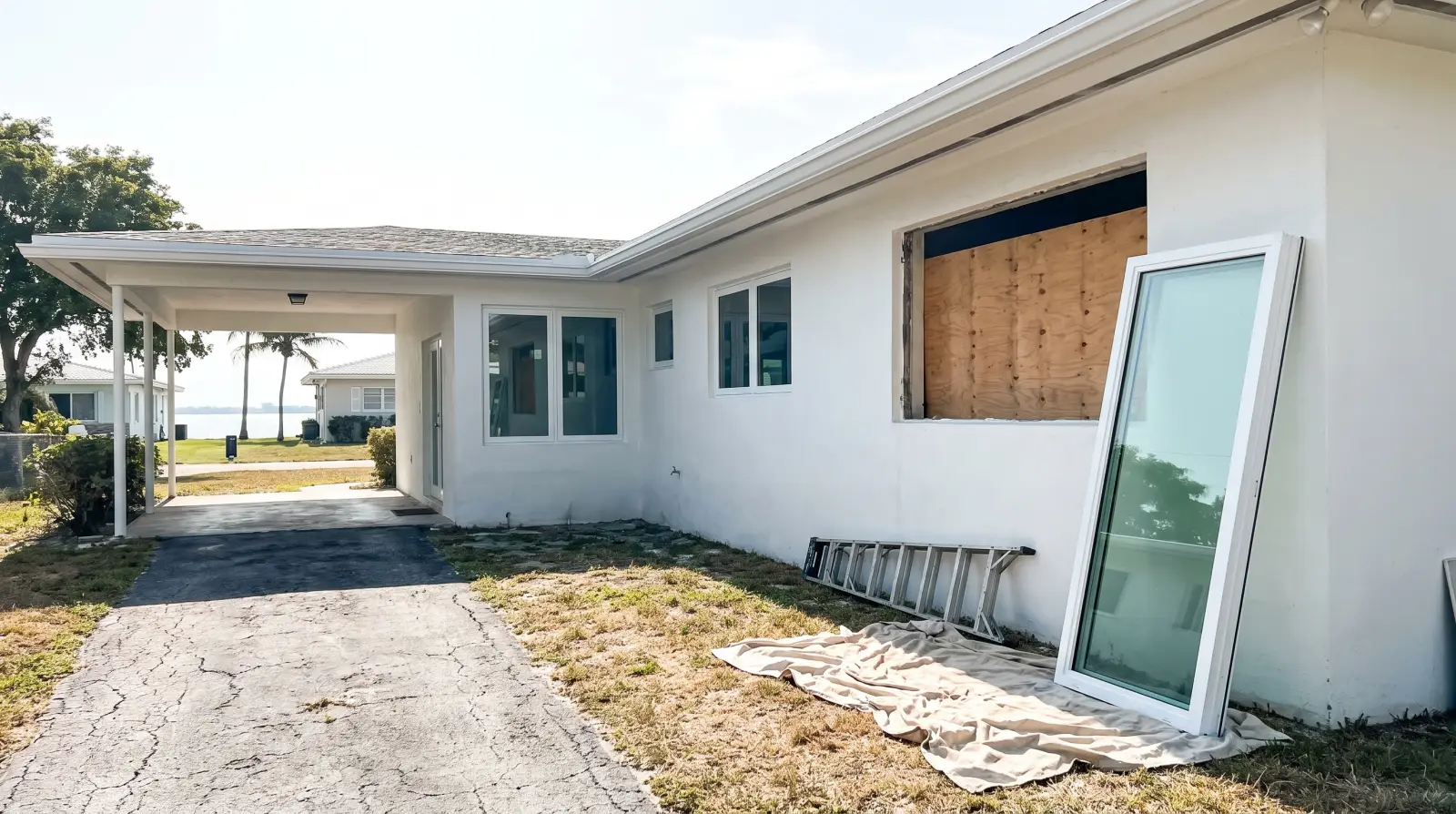 Impact windows on a mid-century home on the West Island of Bay Harbor Islands, FL