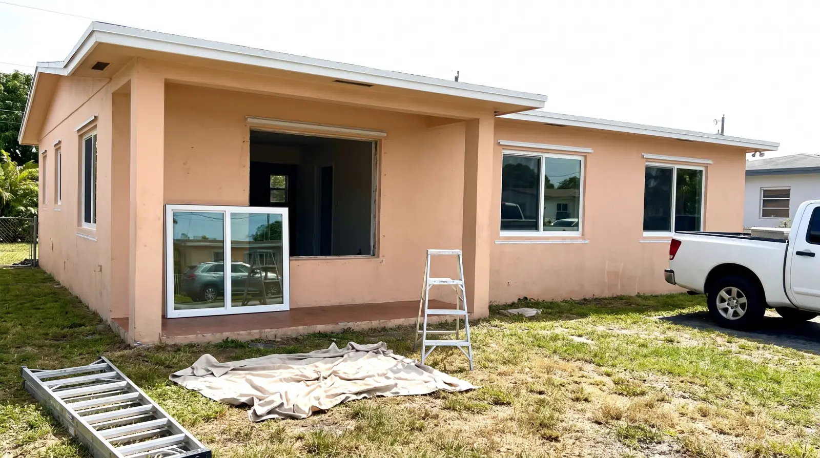 Impact windows being installed on a concrete-block home in Hialeah, FL