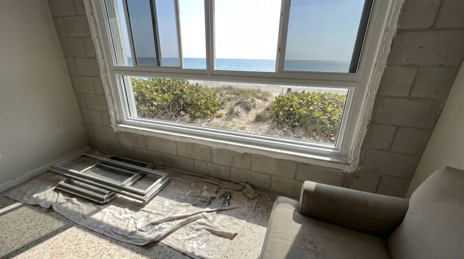 Impact windows being installed in a beach condo in Lauderdale-by-the-Sea, FL