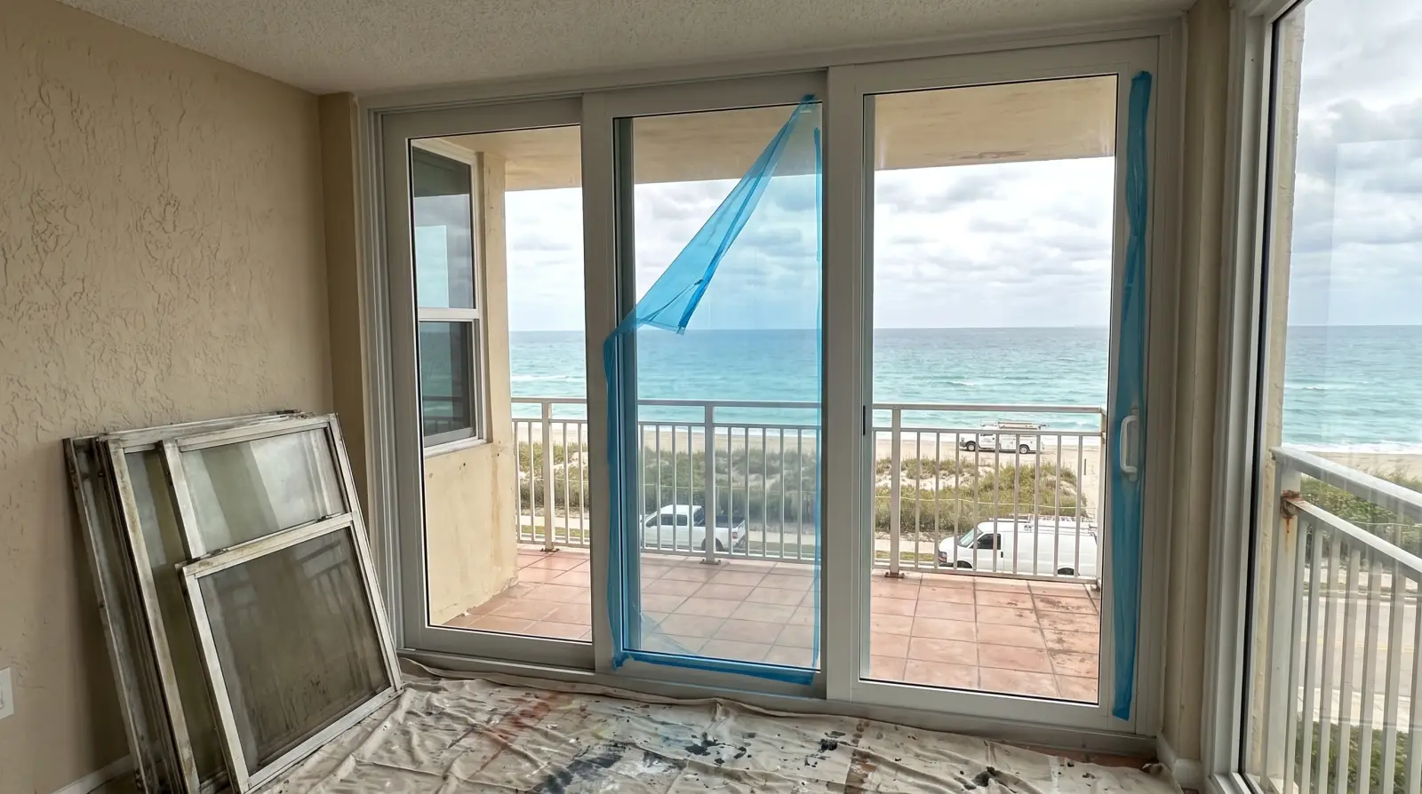Impact sliding glass door opening onto a condo balcony in Pompano Beach, FL
