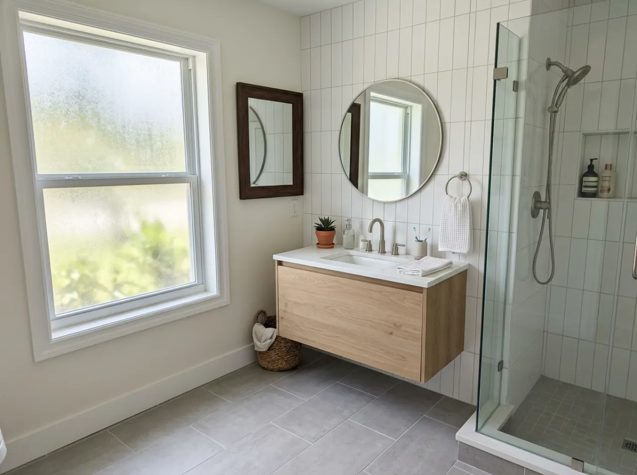Remodeled bathroom with a frosted impact window in a Hollywood, FL home