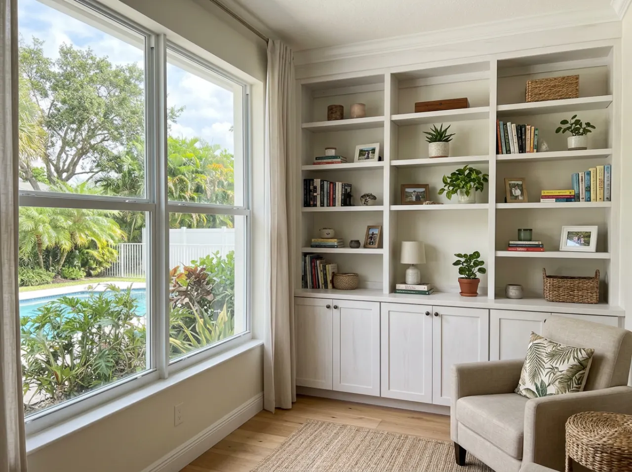 Built-in cabinets next to large windows in a South Florida home