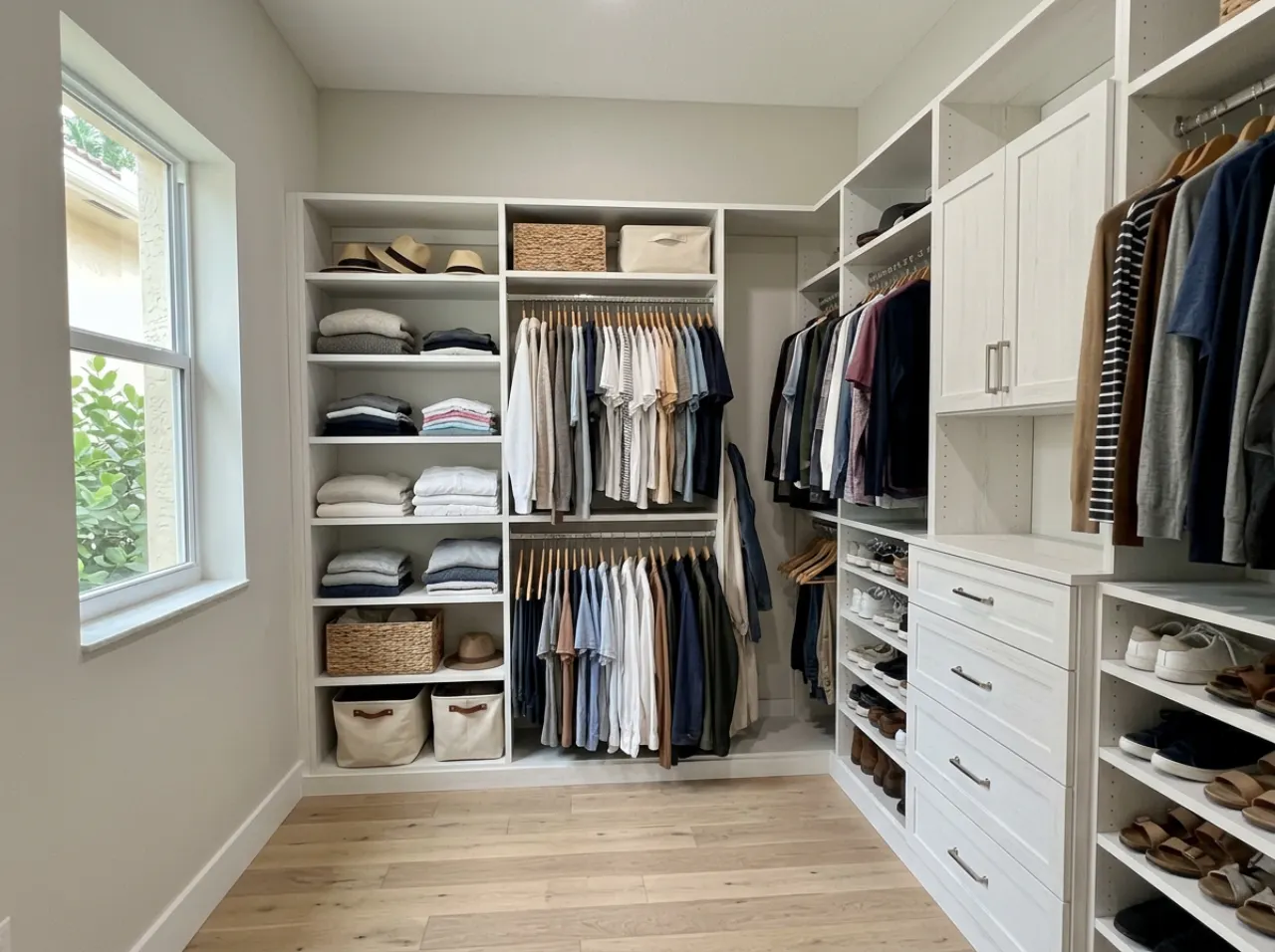 Custom closet build with a small window in a South Florida home