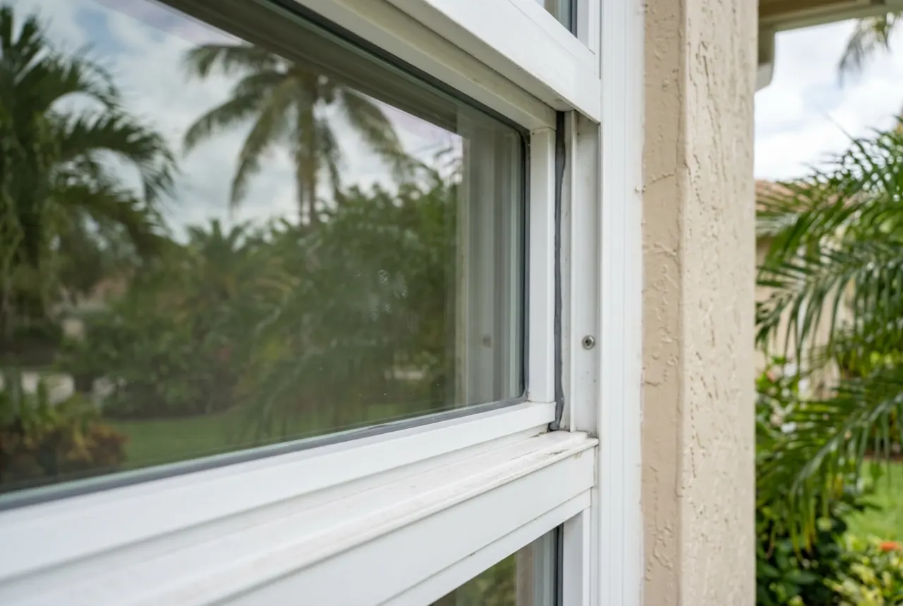 Close-up of a new impact window in a Hollywood, FL home
