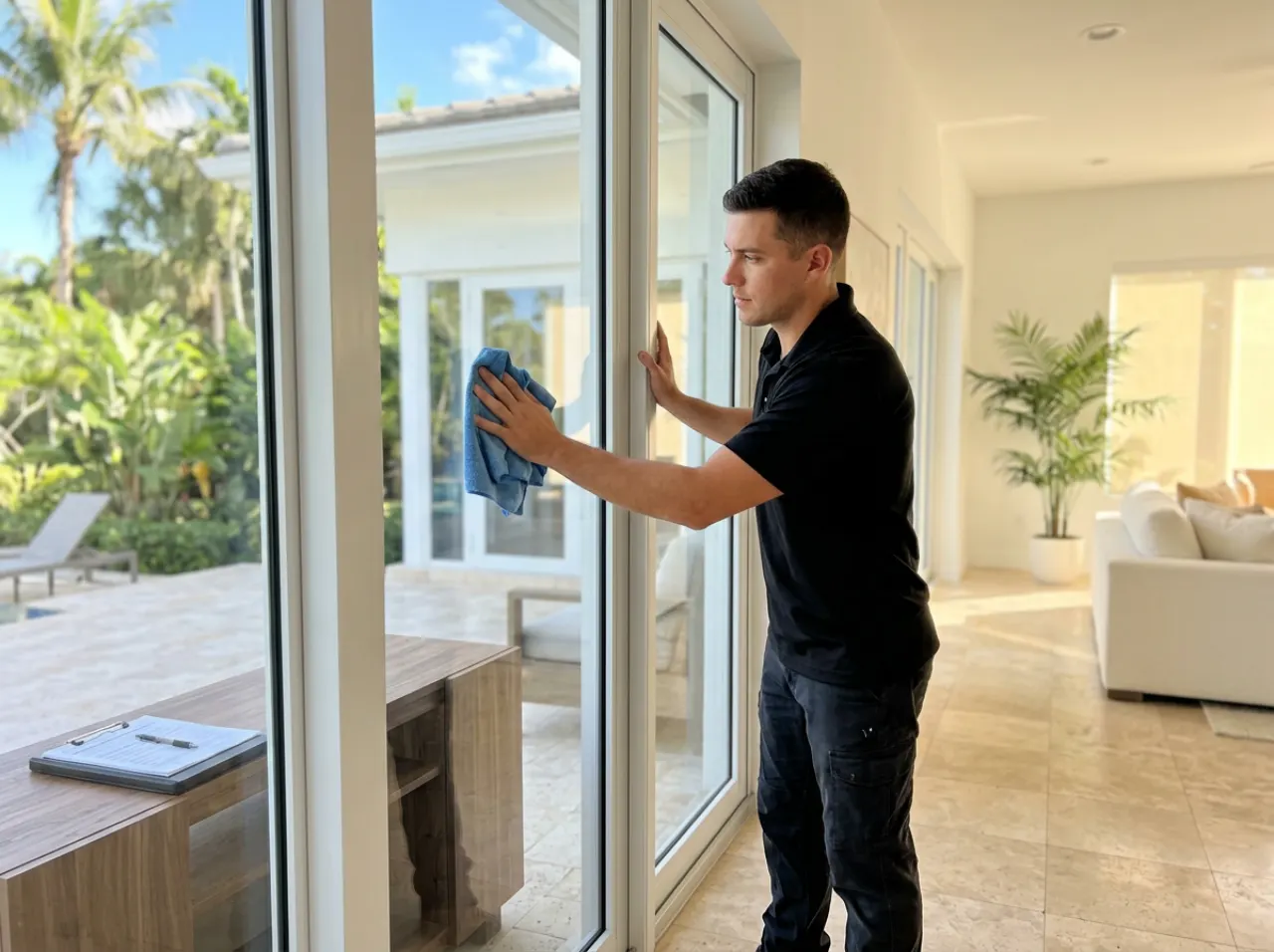 Technician inspecting and wiping down a large impact window on a South Florida home