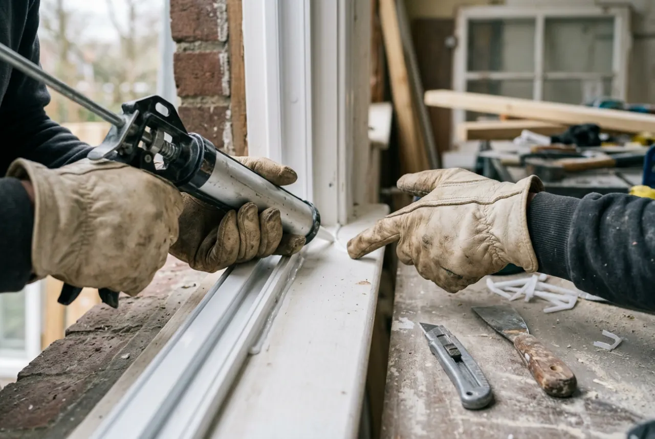Technician repairing a window seal and hardware